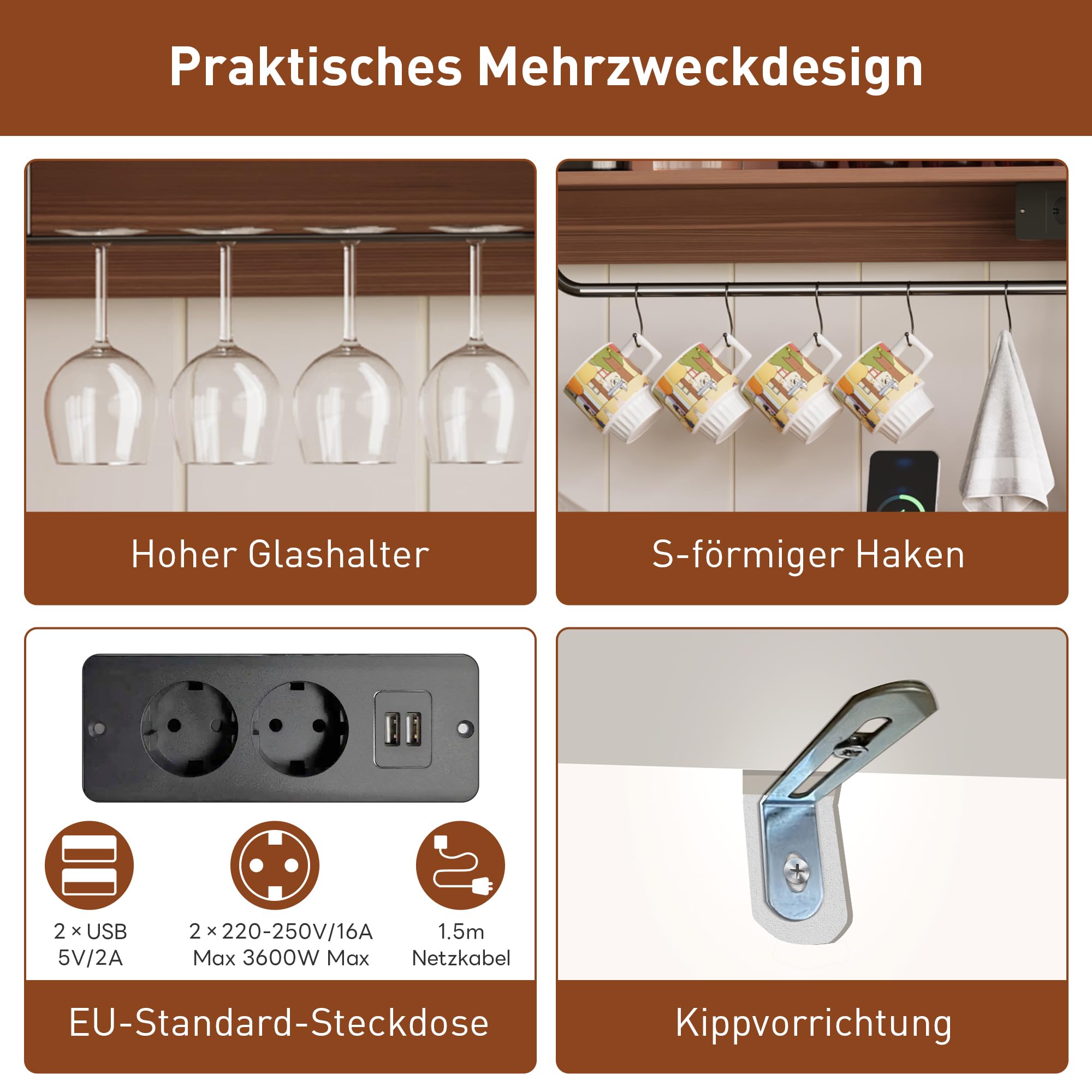 120 cm Lange Kaffeebar mit Gläserhalter und Steckdosen (2×AC, 2×USB), Sideboard mit Stauraum, Sideboard im Landhausstil für Küche/Wohnzimmer mit Schiebetüren