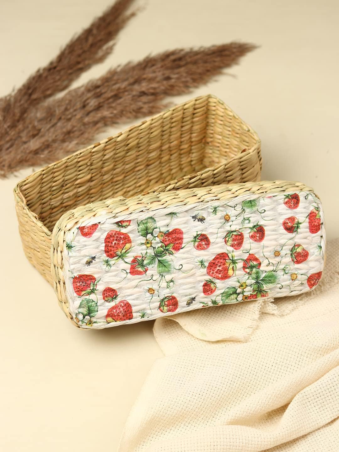 Storage Basket with lid | Cane Baskets for Storage | Jute baskets | Bamboo basket (Sizes - 26 x 12 x 10 CM (02))