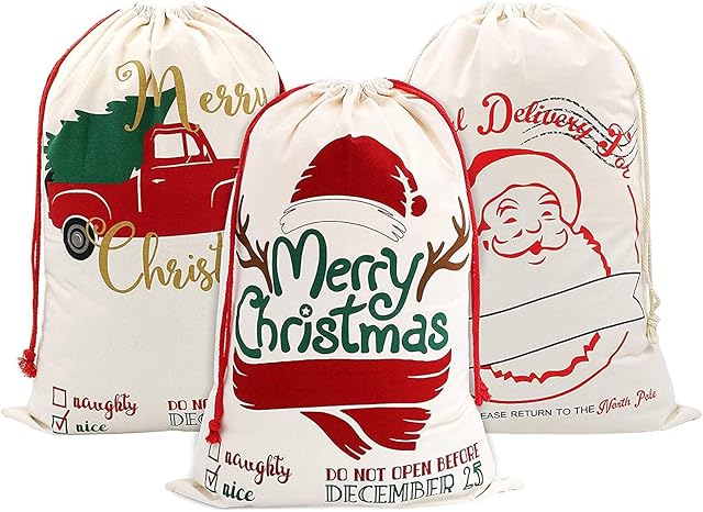 WAIZHIUA 3Pcs Christmas Santa Bags 70 x 50cm Christmas Santa Sacks Large Canvas Santa Gift Bags with Drawstrings for Xmas Package Storage Christmas Decorations Party Favors
