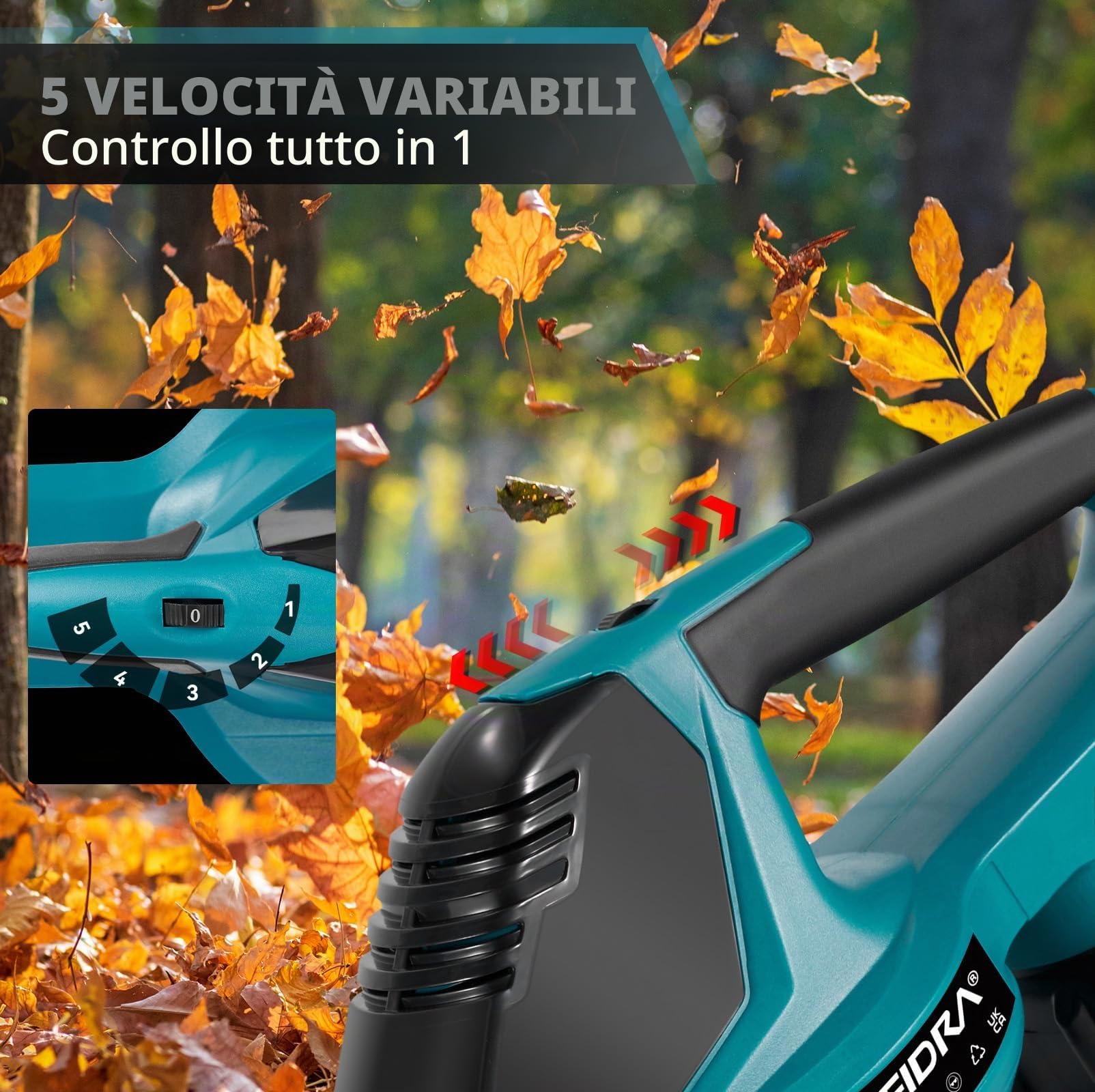 Yofidra Soffiatore Foglie a Batteria 360 km/h, Flusso d'Aria di 480 m³/h, Soffiatore Elettrico a 5 Velocità con 2 Batterie da 3000 mAh, Soffiatore per Foglie a Batteria per Giardino, Patio