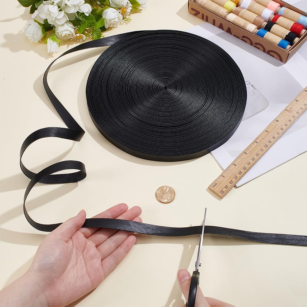 BENECREAT 43.7Yard Black Flat PU Leather Bias Tapes, 0.59inch Wide Leather Bias Binding Tape, Double Fold Tape for Sewing, Crafts, Garments, Home Decor