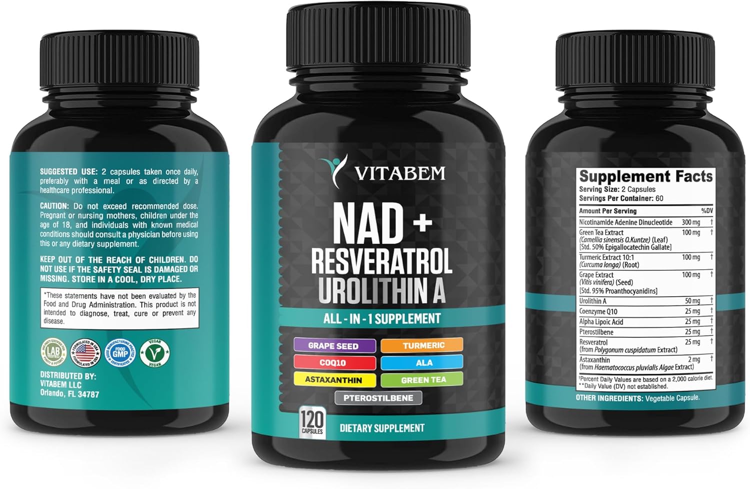 NAD+ Supplement Complex – NAD Supplement+ 300 mg with Astaxanthin, Urolithin A, Resveratrol, CoQ10 & Antioxidant Blend – Cellular Energy, Mitochondrial Support – 120 Count (Pack of 1) - Image 3