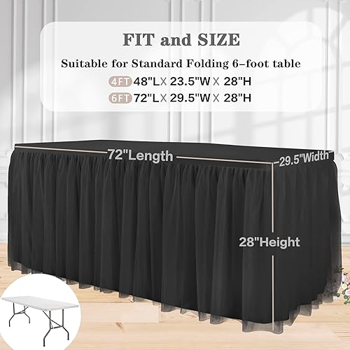 Miniatura 7 de Suppromo Falda de mesa de tul negro para mesas rectangulares de 6 pies, mantel de elastano negro con falda de mesa tutú para graduación, baby