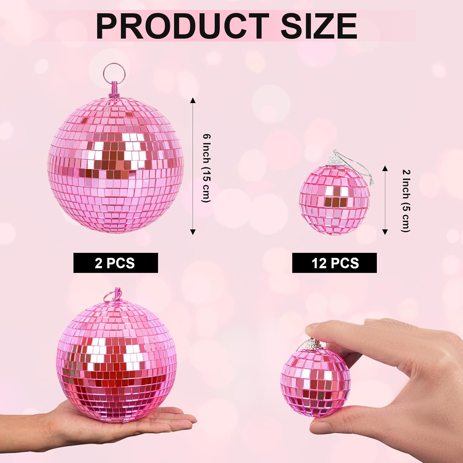 Mirror Balls, MUZTOP 14 Pack Disco Ball Ornaments Hanging Disco Mirror Ball for DJ Stage Club Wedding Holiday Home Party Decor, 6 Inch, 2 Inch (Pink)