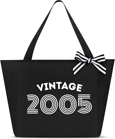 Vavabox Sac de Plage Femme, Cadeaux d'Anniversaire Unique pour 16/18/30/40/50/60 Ans, Cabas Vintage Personnalisable (2005, Noir)