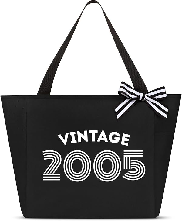 Vavabox Sac de Plage Femme, Cadeaux d'Anniversaire Unique pour 16/18/30/40/50/60 Ans, Cabas Vintage Personnalisable (2005, Noir)