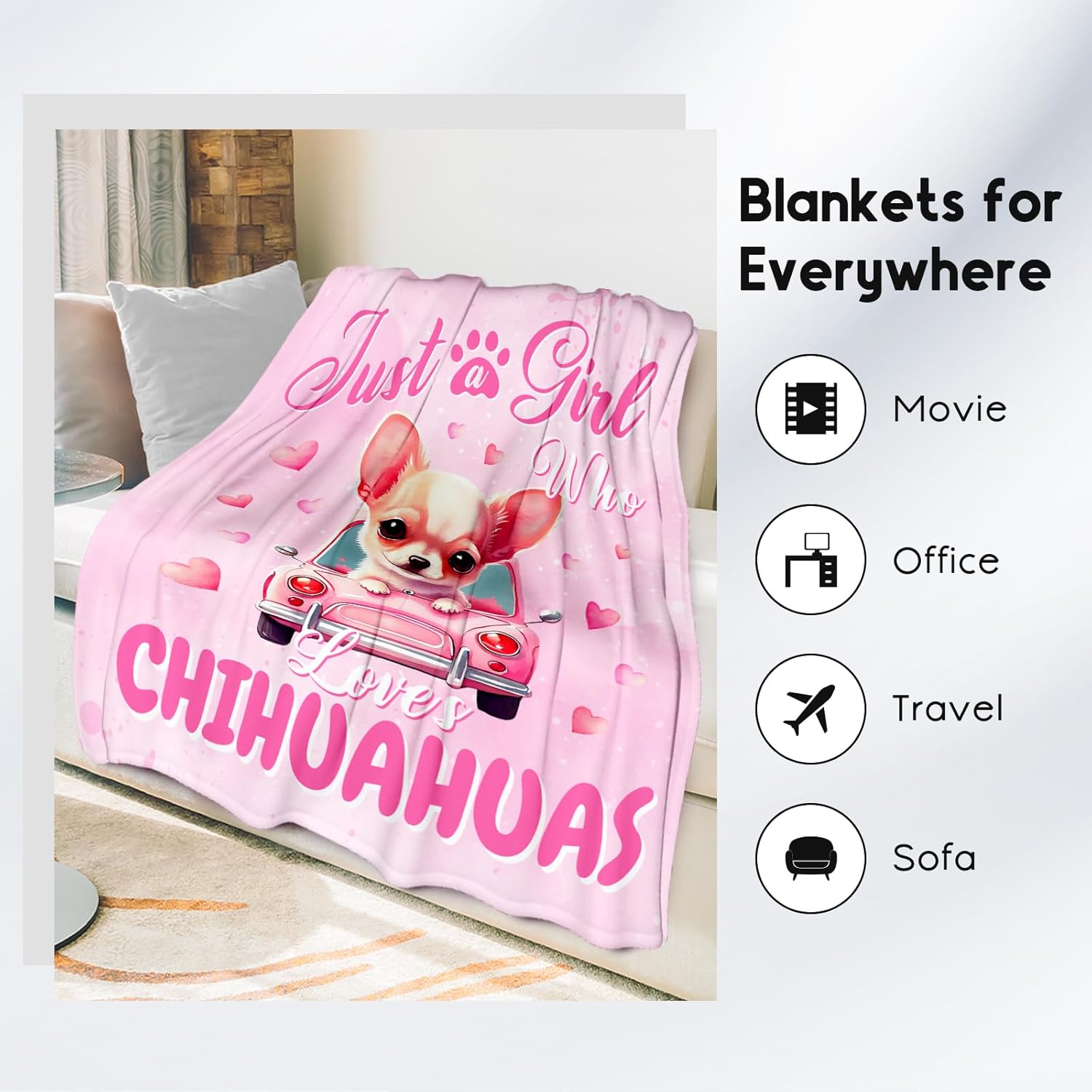 UNIKITTY Chihuahua Blanket Gifts, Chihuahua Blankets for Dog Lovers, 60"x80" Pink Girls Throw for Kids Room Decor, Kid Fleece Throws for Sofa Bed Living Room, Animal Print Gift