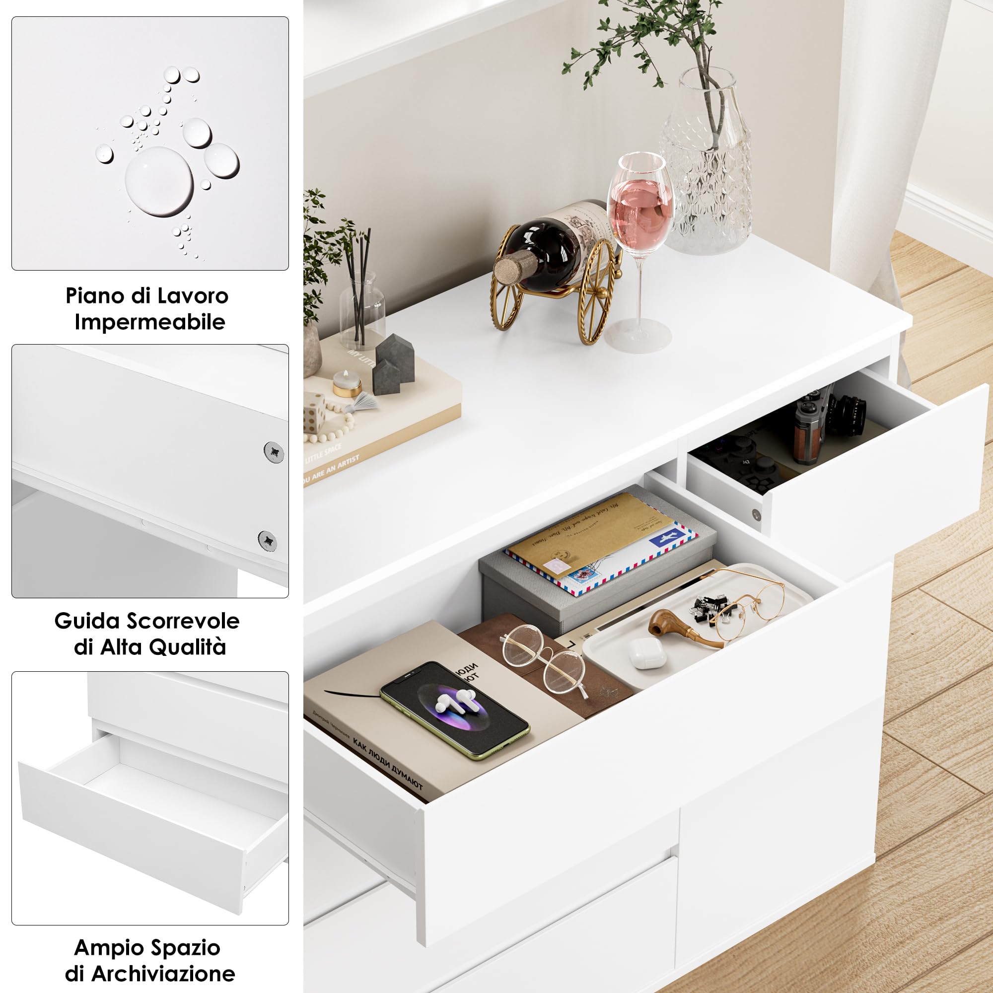 FOREHILL Cassettiera Bianca con 5 Cassetti e 1 Ante,Cassettiera Camera da Letto in Legno,Mobiletto Multiuso per camera da letto, Soggiorno, Studio, Corridoio 100x40x80 cm Spedito in 2 pacchi Bianco
