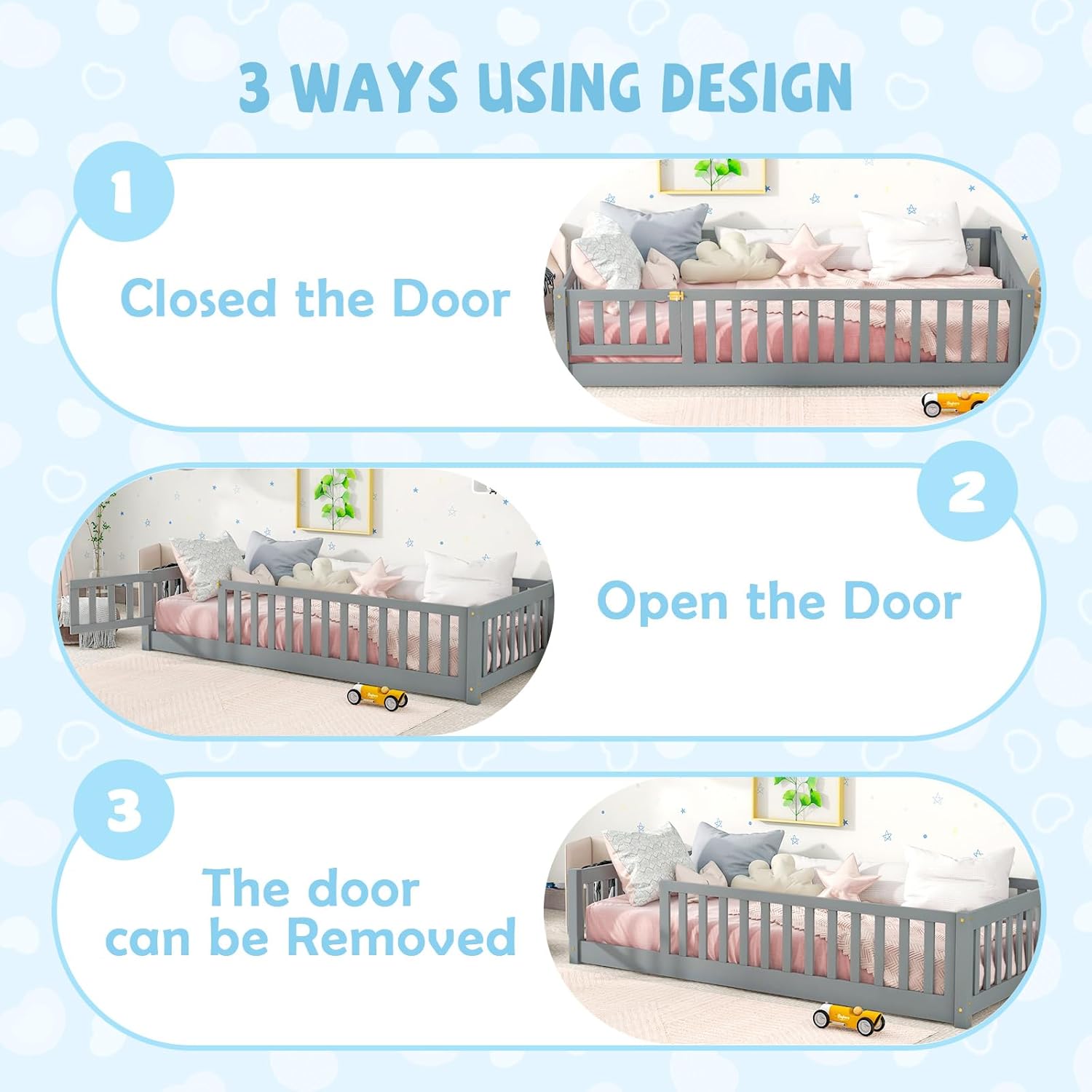 Full Size Montessori Floor Bed with Safety Fence & Convertible Door, Pine Wood Toddler Floor Bed Frame with Support Slats and Full-Length Guardrails for Kids Girls Boys (Grey)