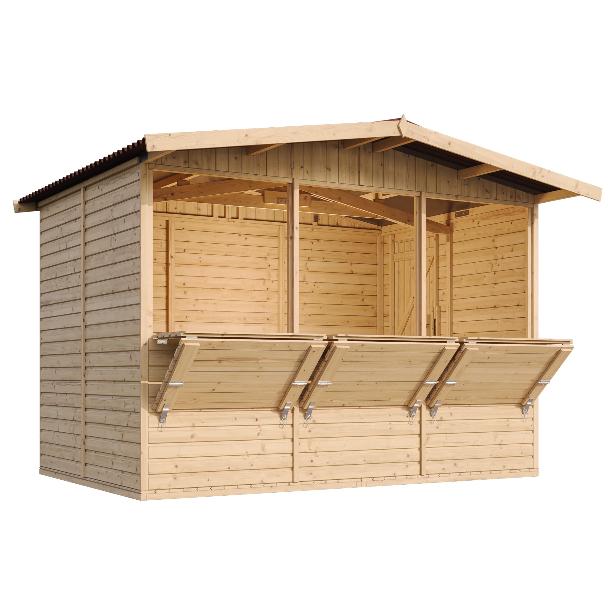 TIMBELA M150A Drewniany domek ogrodowy, bude targowy, wysokiej jakości listwy statkowe, sosna, świerk, stoisko sprzedażowe, drewniany domek z ladą, trzy okna, 200 x 300/6 m², duży, wielofunkcyjny bar