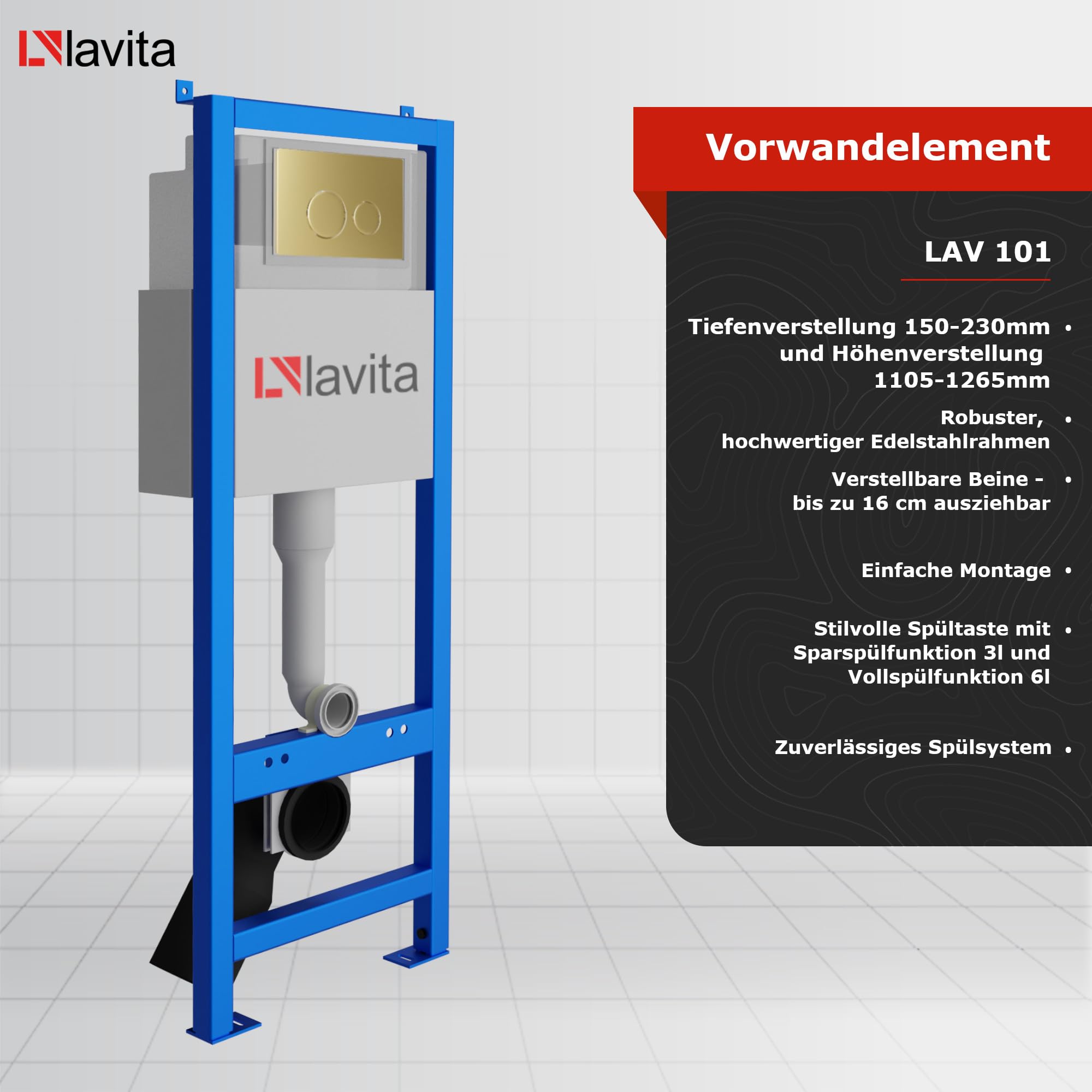 lavita Lavita LAV 101 elemento de pared para inodoro 40 cm + inodoro lavabo suspendido SOFI SLIM GOLD/BLACK sin borde + panel de control LAV 200.4.5 Gold | Conjunto completo | Cisterna empotrada | Ju