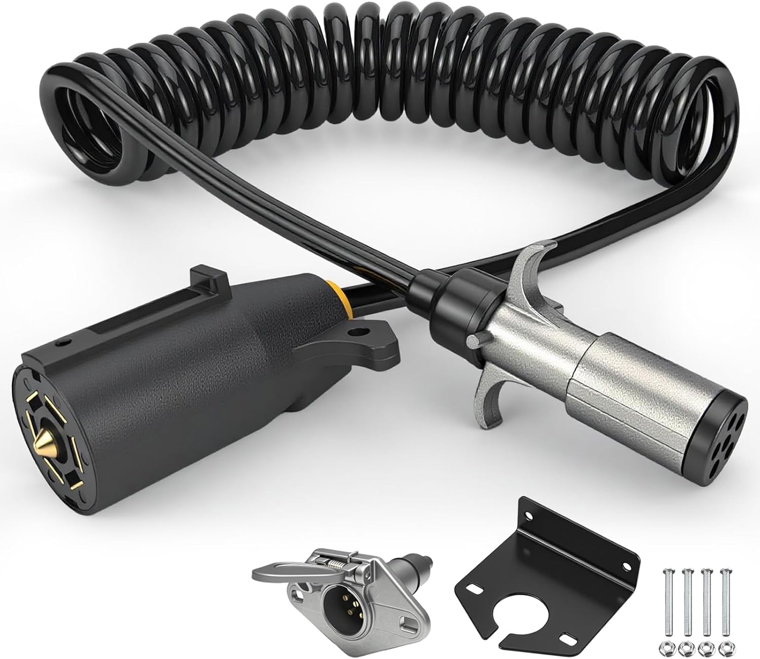 7 Pin to 6 Pin Trailer Adapter – Coiled Trailer Cord (Stretches to 10ft) – 7 Wire to 6 Wire Coiled Tow Cable with Female Socket & Mounting Bracket