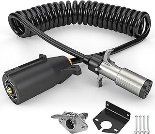 7 Pin to 6 Pin Trailer Adapter – Coiled Trailer Cord (Stretches to 10ft) – 7 Wire to 6 Wire Coiled Tow Cable with Female Socket & Mounting Bracket