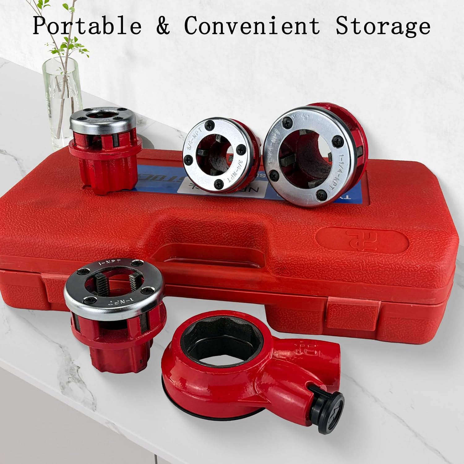 Pipe Threader Ratchet Kit – 4 NPT Dies 1/2" to 1-1/4", Heavy Duty Manual Tool