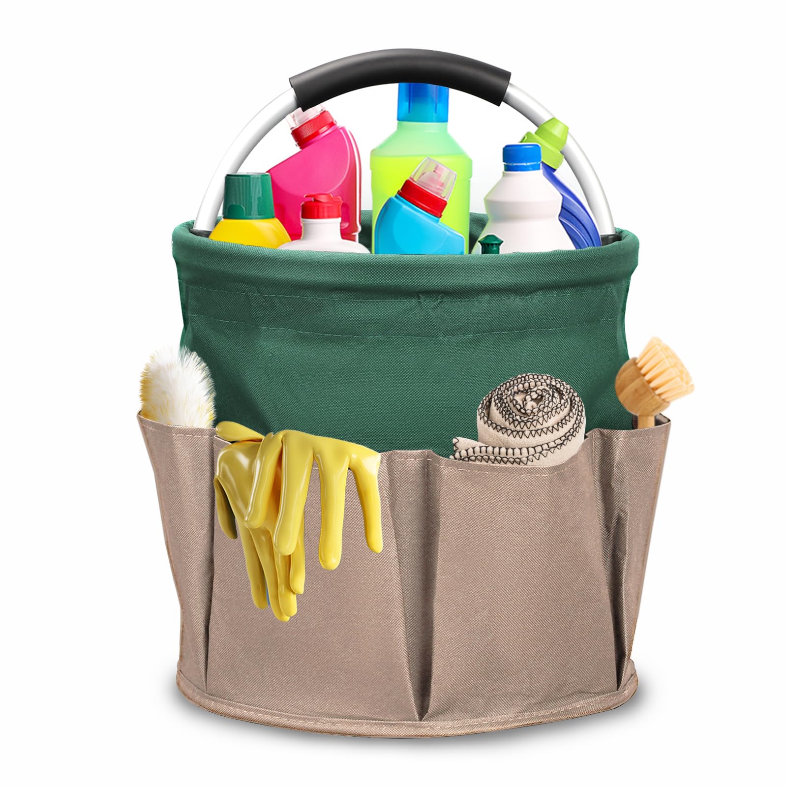 Ruaizel Cleaning Caddy with Handle, Foldable Cleaning Caddy Organiser, Cleaning Bag for Garden Small Tools Bag,Multi pocket Craft Universal (Khaki and Dark Green)