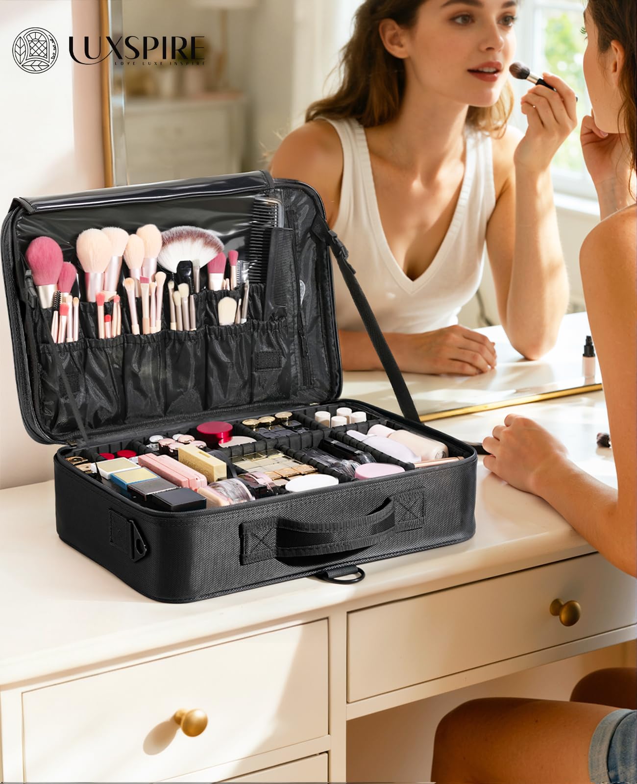 Luxspire Borsa Cosmetica con Specchio, Borsetto Cosmetico Portatile Professionale con Tracolla per Viaggio, Artisti Bagaglio Spazzole Borsa Bagaglio Organizer Tool con Divisor Regolabili - Nero
