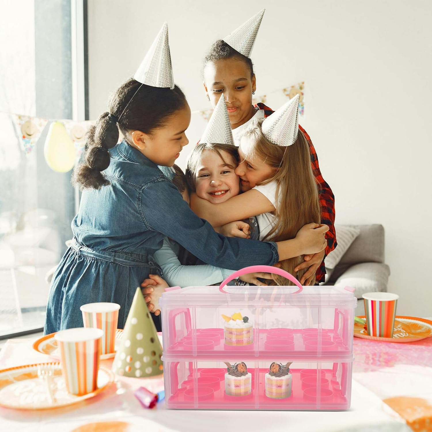 Multi-layer Cupcake Carrier with Handle, 2-tier Portable Dessert Storage Box, Pink Paper Cupcake Holder for Baking and Party Transport