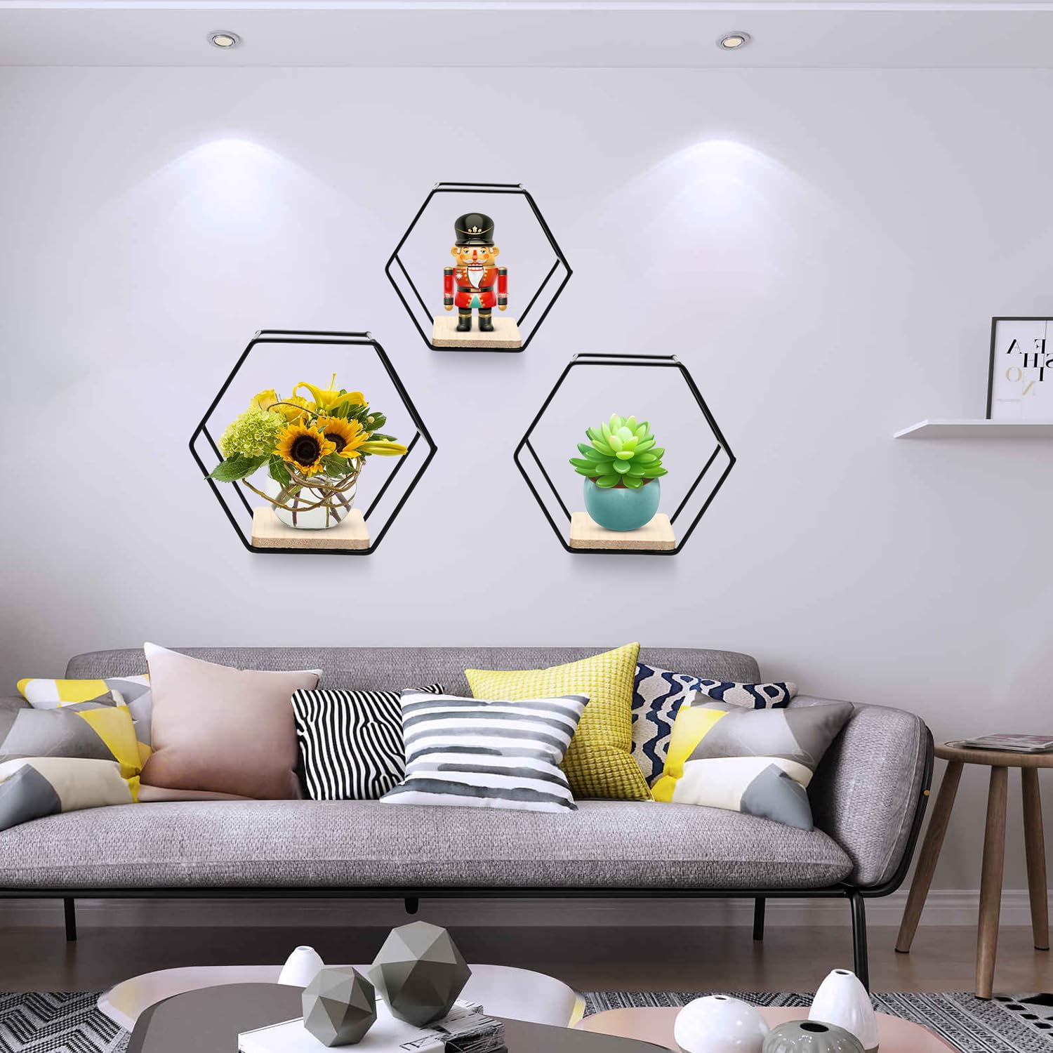 Mensole Galleggianti Esagonali da Parete in Metallo - Set di 3 Moderne Mensole Geometriche Nere per Soggiorno, Camera da Letto - Ornamenti