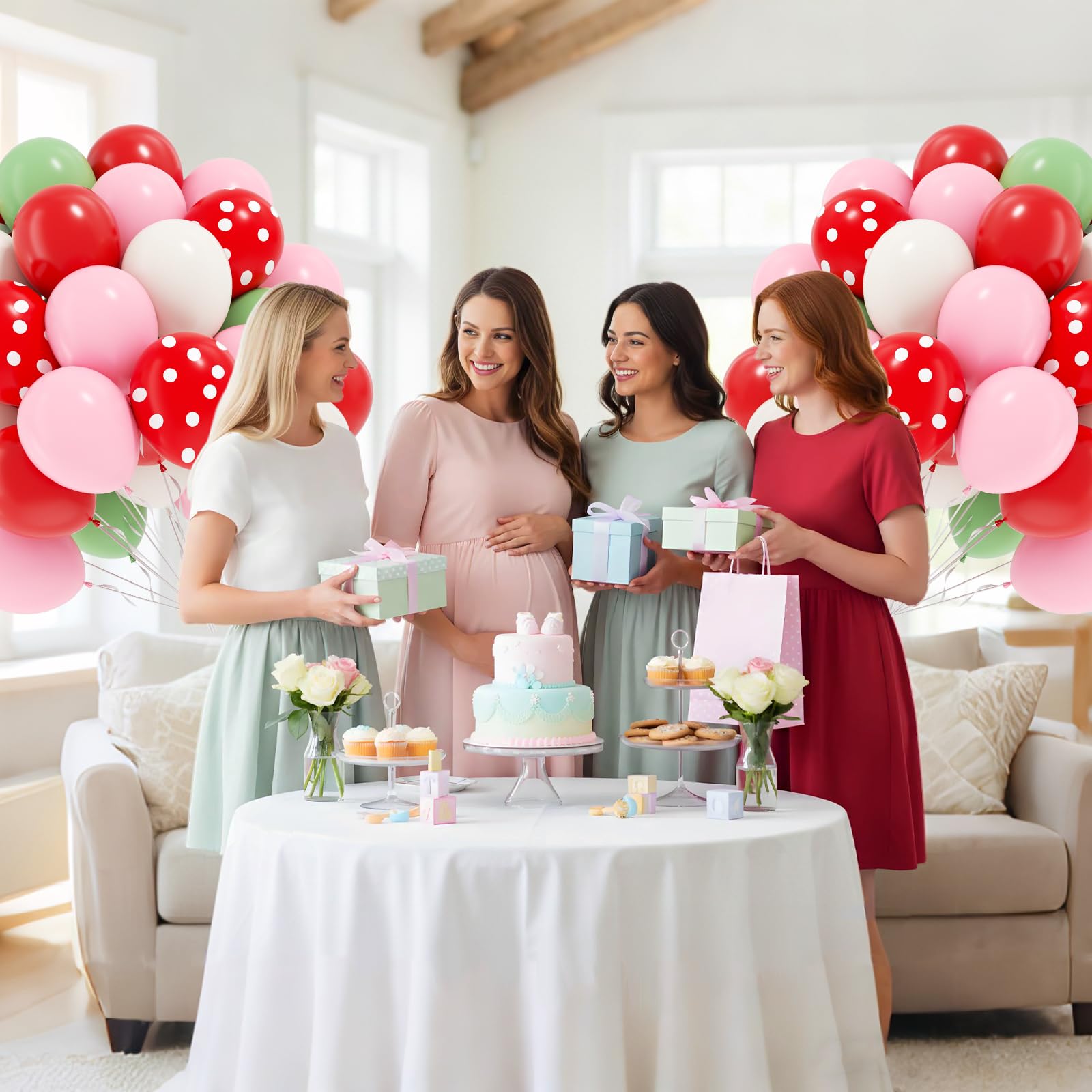 60 balonów truskawkowych 30 cm, różowe i czerwone balony z białym jasnozielonym balonem na truskawkowy baby shower, dekoracje na przyjęcie urodzinowe