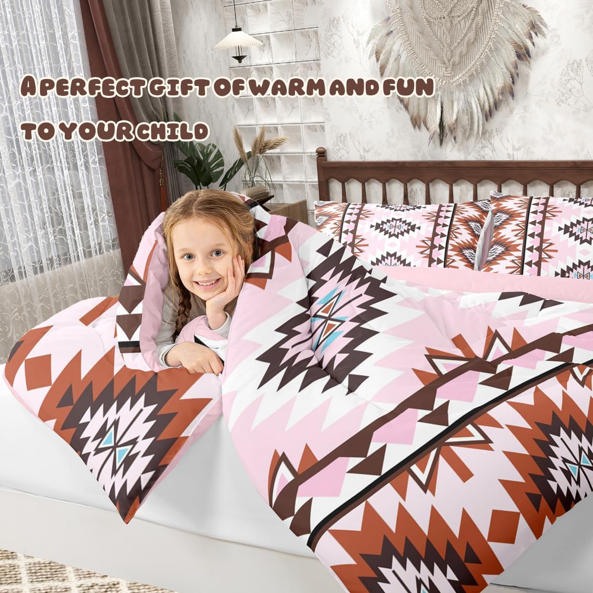 jejeloiu Boho Western Comforter Set Queen Size Bohemian Southwestern Bedding Set for Kids Boys Girls Aztec Decor Duvet Quilt Country Bedroom Farmhouse 3 Pcs with 2 Pillow Cases