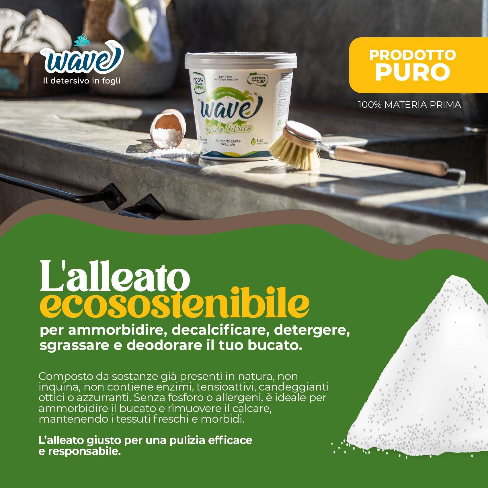 Wave Washing Acido Citrico - Ammorbidente Naturale - 100% PLASTIC FREE - 1 kg - 75 lavaggi