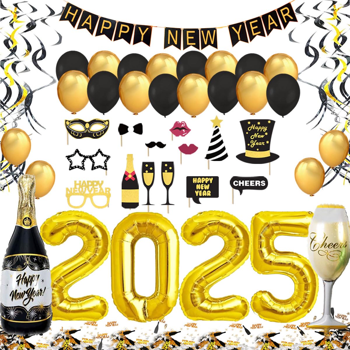 New Year's Eve Decoration 2025 XXL Set, Happy New Year Banner, 2025 Giant Foil Balloons, New Years Eve Photo Booth Props, Black and Gold Swirls, Balloons and Confetti