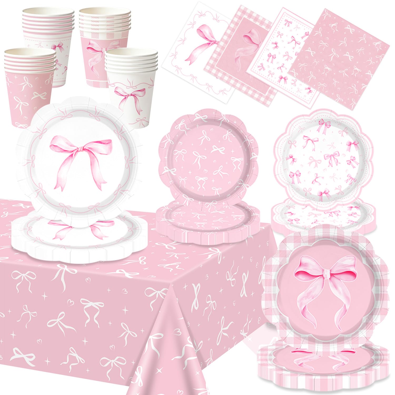 Pink Bow Party Decorations, Bow Party Tableware - Dinner Plates Desserts Plates Cups Napkins Tablecover Straws for Coquette Girl Birthday Party Decoration Supplies, Serves 20