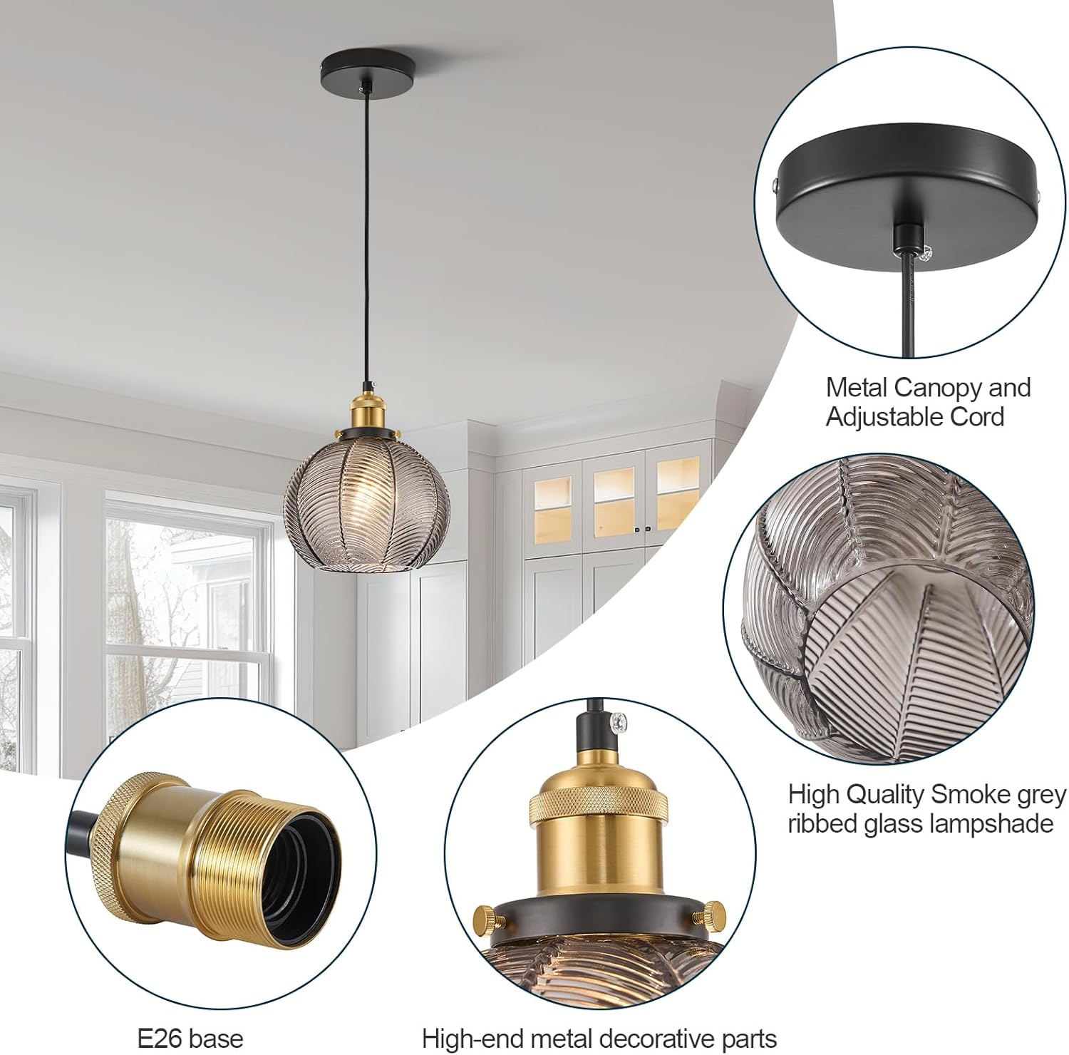 7.8in Vintage Pendant Light 1- Light Kitchen Sink Pendant Lights with Smoke Gray Hand Blown Glass Small Hanging Lamp for Kitchen Island Dining Room Bedroom Bathroom Hallway E26