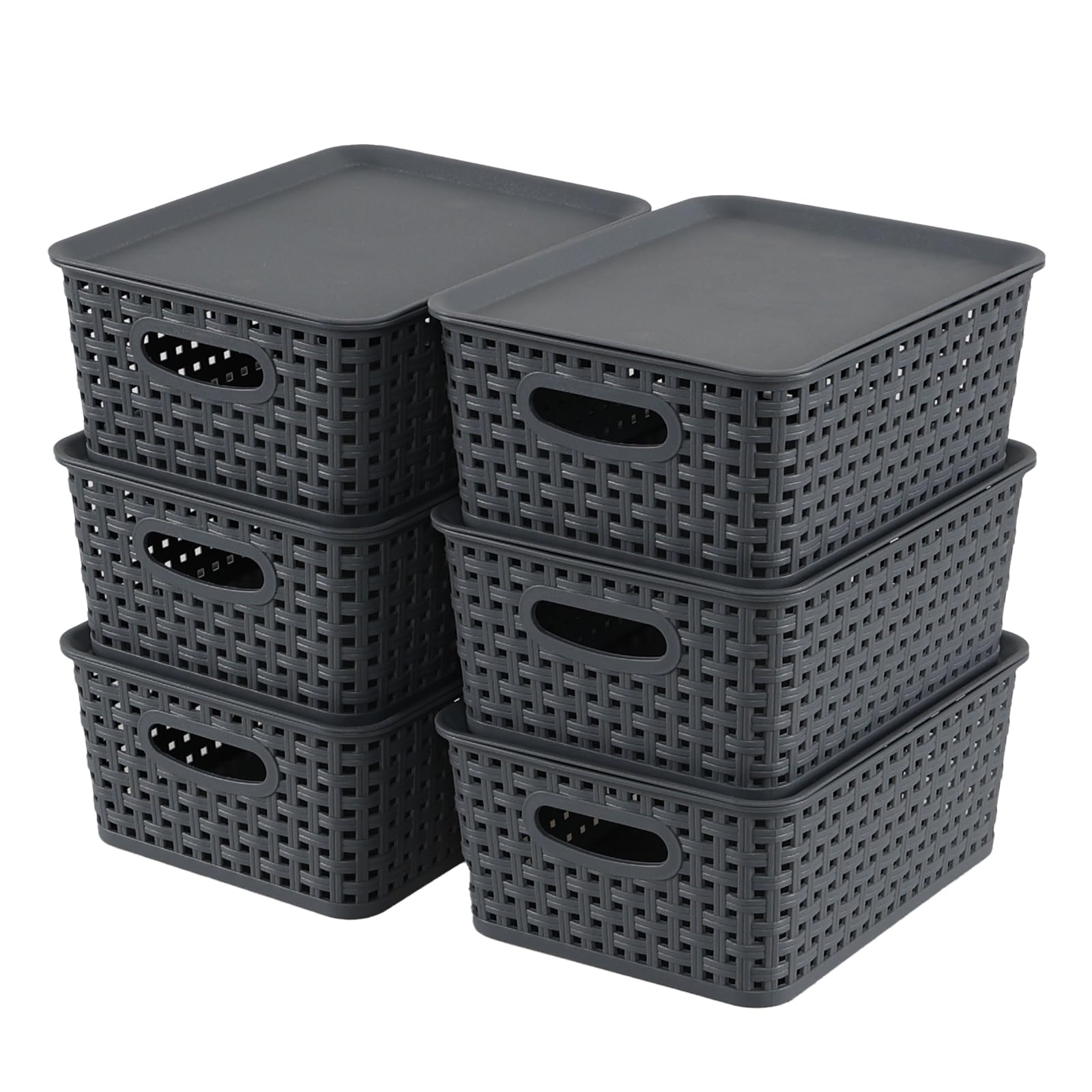 Panier de rangement en plastique gris Ramddy lot de 6 petits bacs tissés avec couvercle