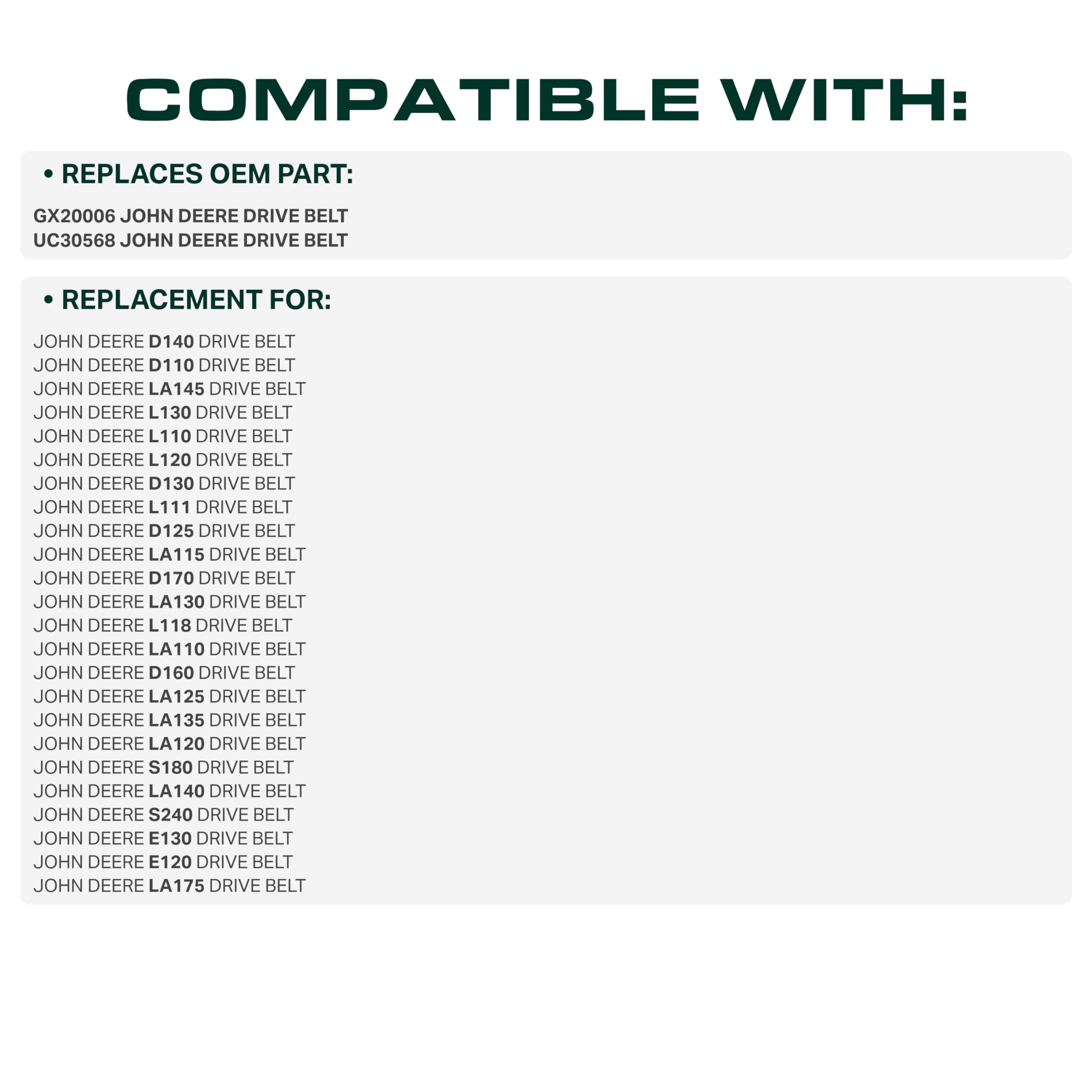 UDC Parts GX20006 - Correa de transmisión para cortacésped (225,8 cm), para UC30568 John Deere 115 125 155C D110 D125 D130 D140 D160 D170 L108 L110 L1110 L1110 L118. L120, L130, LA115, LA120, LA130,