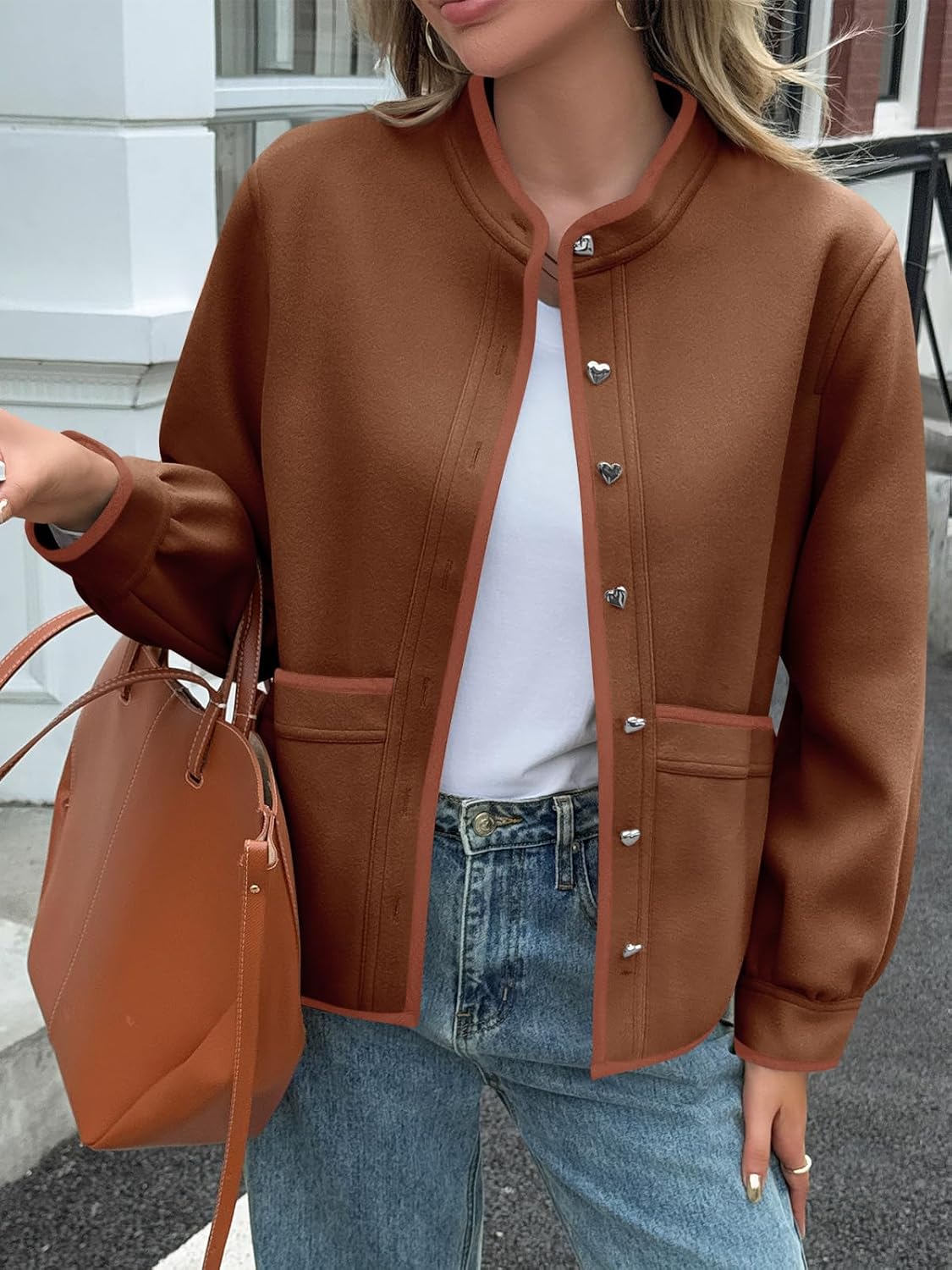 Cicy Bell Womens Button Down Bomber Jackets Puff Sleeve Cropped Pea Coats Casual Fall Color Block Outerwear - Image 2