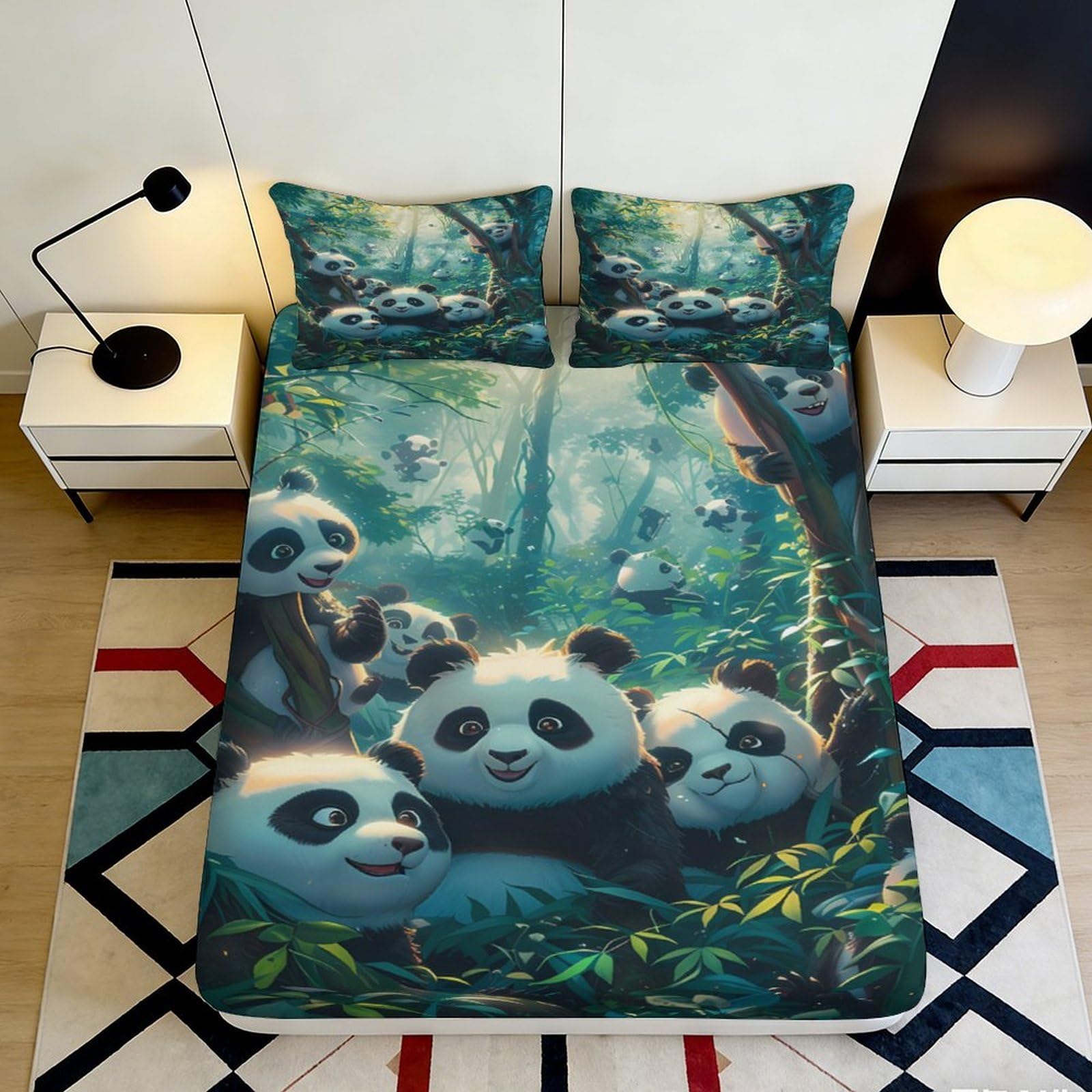 3D Printed Panda Forest Fitted Sheet Microfiber Soft Breathable Cartoon Animal Bed Cover for Bedroom Dormitory Guest Room Mattress Protection Decor 180x200x25cm