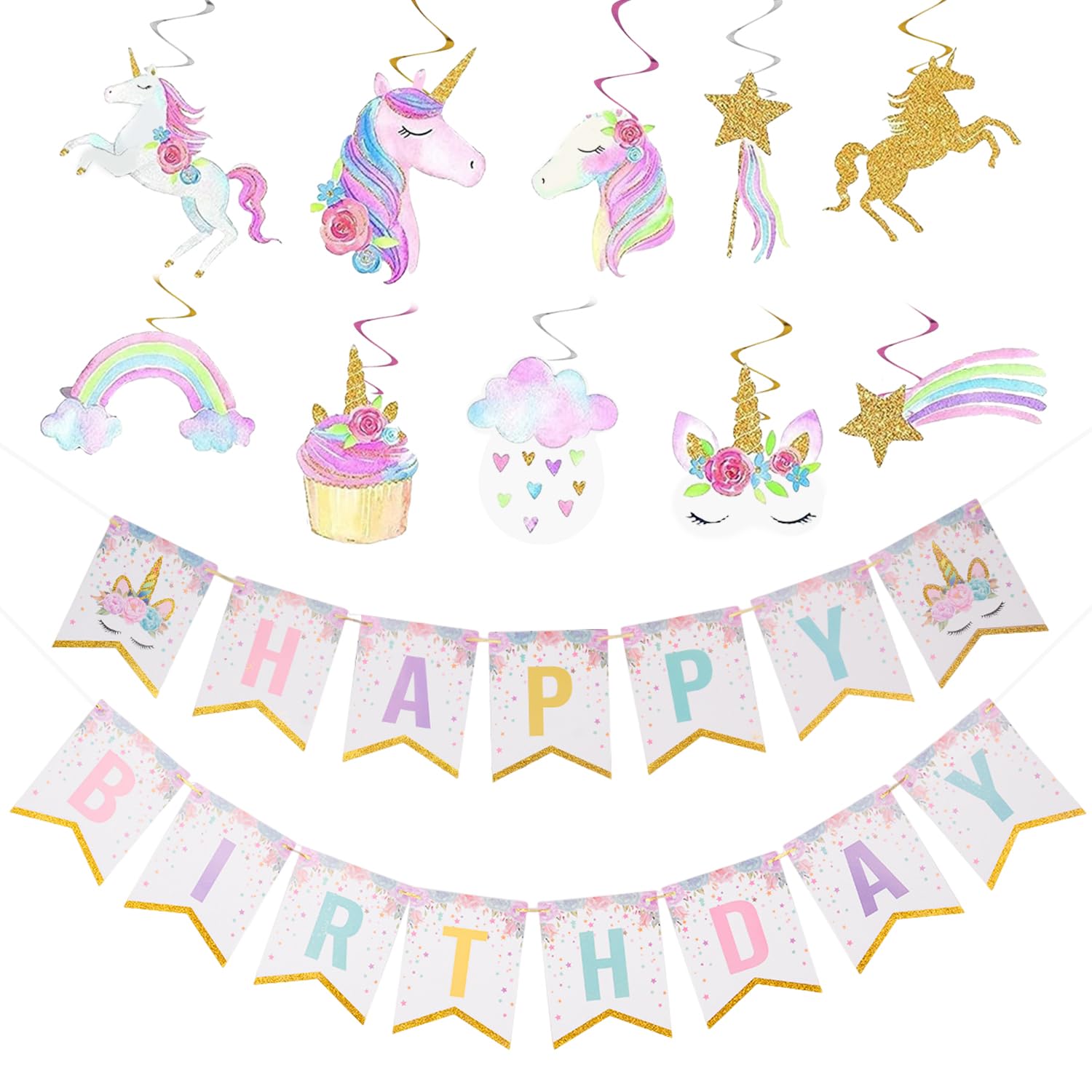 TVSVKWE 10 Pieces Of Rainbow Horse Spiral Pendant And 1 Piece Of Rainbow Horse Pull Flag, Cute Cartoon Decorations, Children'S Party Scene Arrangement.