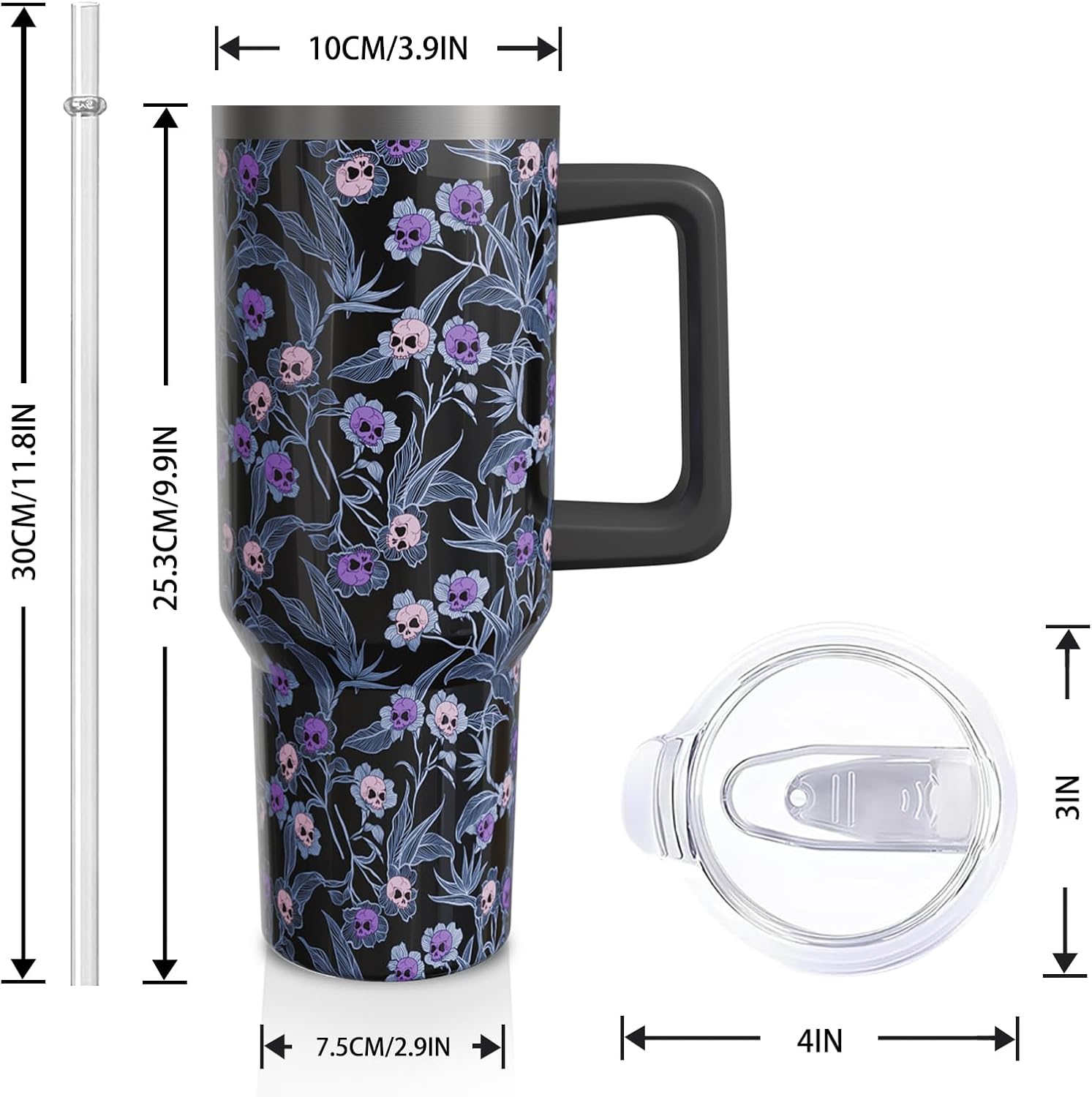 40oz Halloween Gothic Tumbler with Handle and Straw, Goth Skull Stainless Steel Insulated Cup Water Bottle, Halloween Holiday Gifts for Women Men (1PC) - Image 2