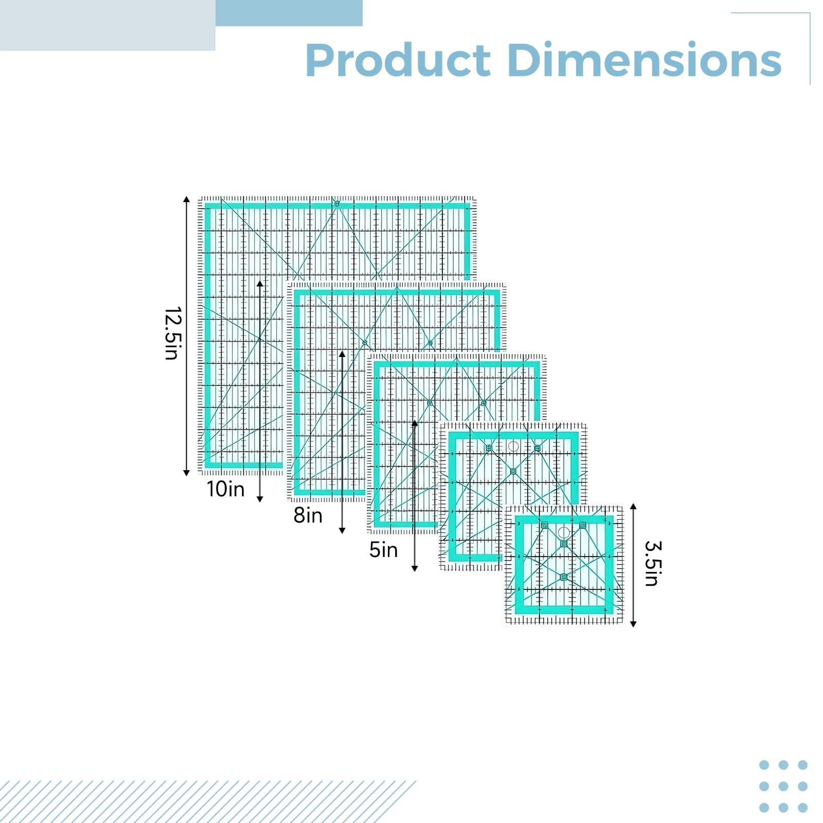 8-tlg. Acryl-Quiltlineal-Set, quadratische Patchwork-Lineale in 12,5, 10, 8, 5 und 3,5 Zoll, Stoff-Schneidehilfen mit 24 rutschfesten Pads, blaue Markierungen für DIY-Näharbeiten
