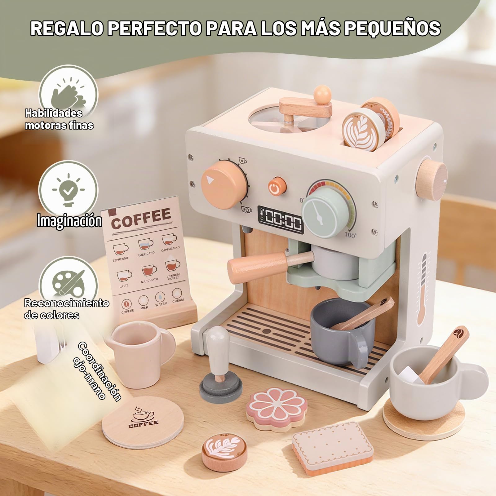 Máquina de Café de Madera de Juguete, Cafetera Juguetes de Madera Infantil，Juego de rol Comida Juguete, Accesorios de Cocina de Madera, Regalo para niños para Niñas y Niños