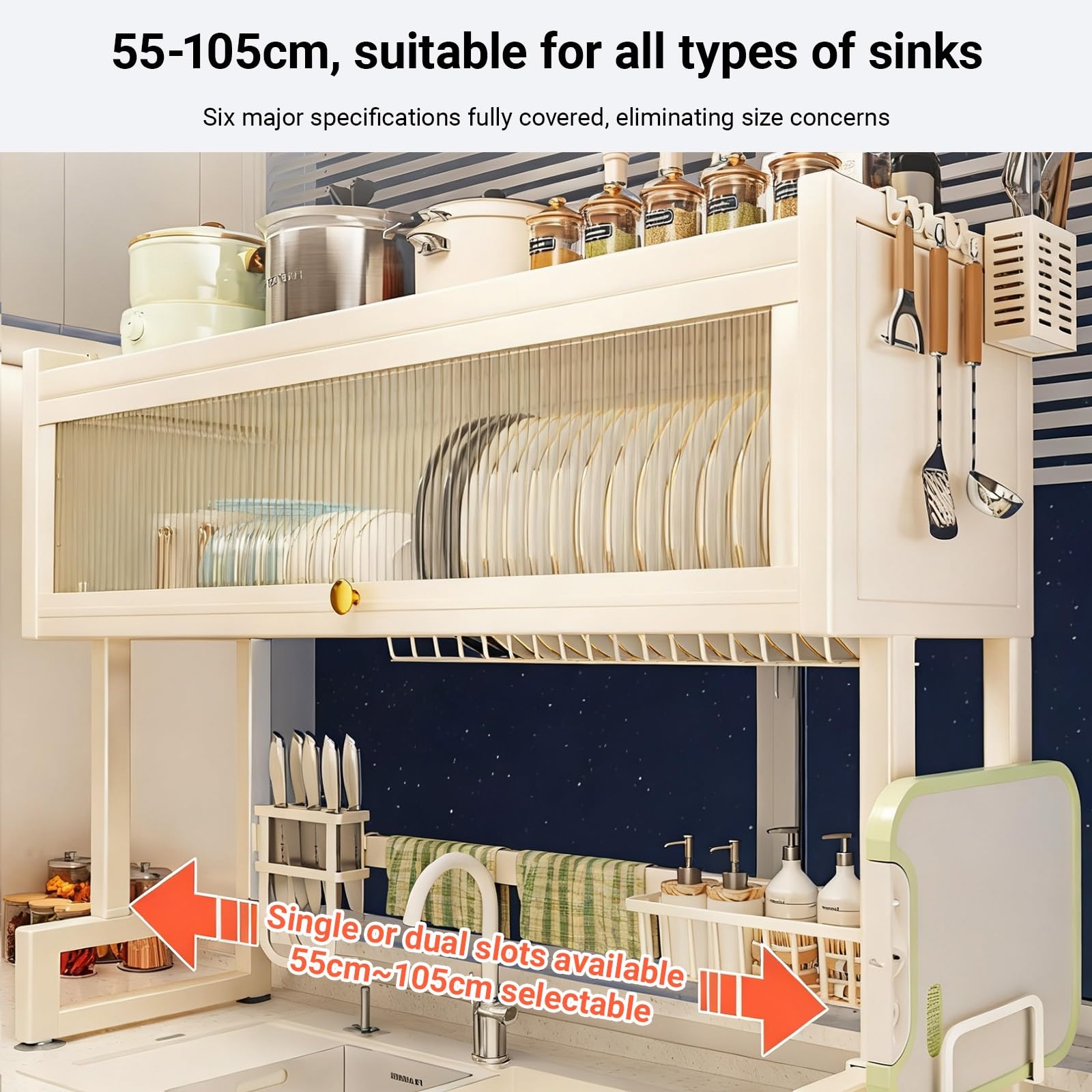 Escurridor de platos sobre el fregadero con puertas abatibles, organizador de fregadero de cocina, encimera, para platos, vasos, cuencos, cubiertos, diseño de ahorro de espacio