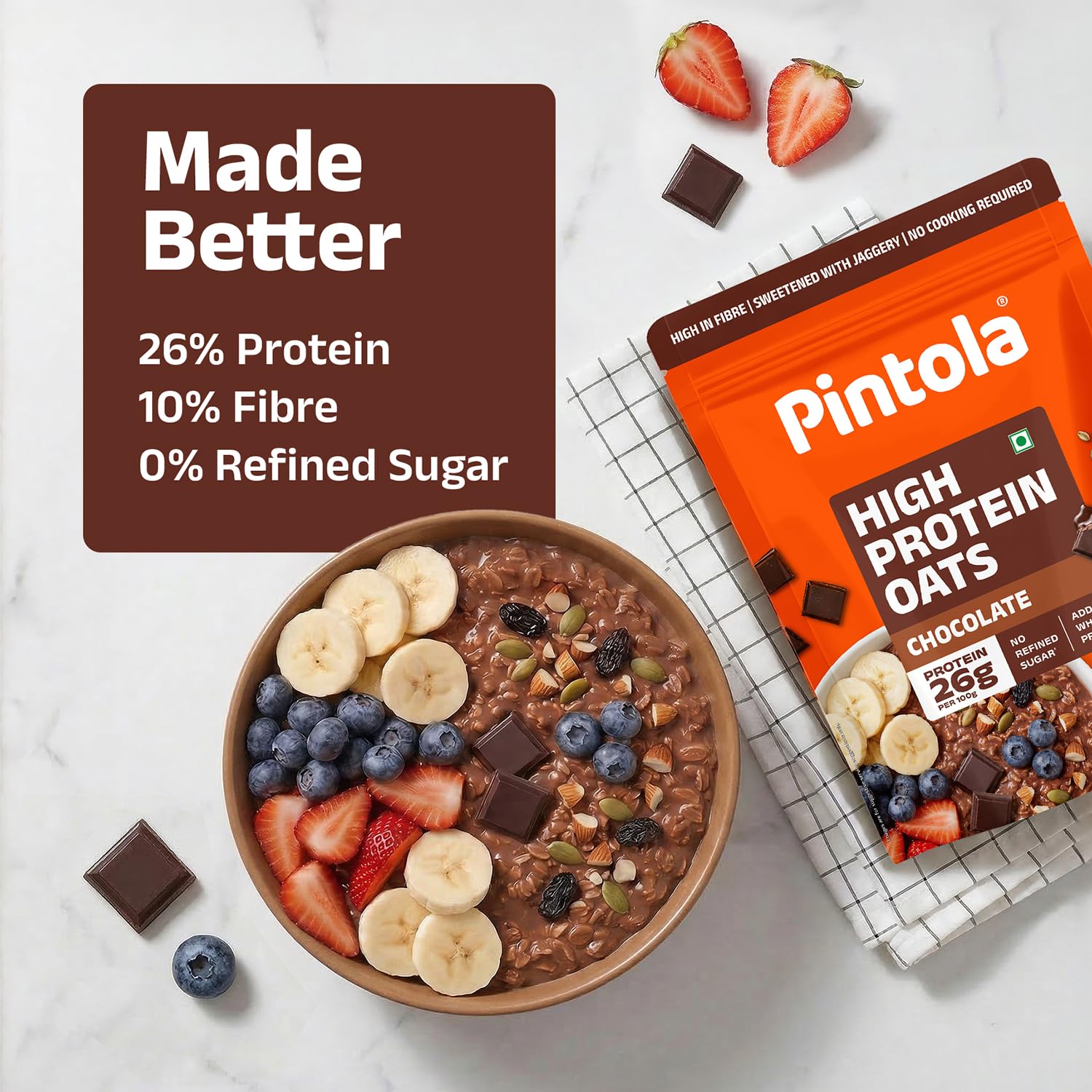 PINTOLA 26g High Protein Oats 1kg, Dark Chocolate, No Refined Sugar, with Almonds, Raisins, Pumpkin & Chia Seeds, 9.6g Fibre, Rolled Oats for Weight Loss, Breakfast Cereals | Gluten Free 2