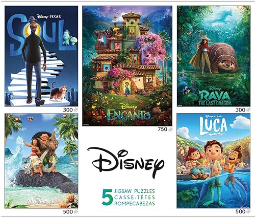 Ceaco - Multipack 5 en 1 - Pósters de películas de Disney - Encanto, Moana, Luca, Soul & Raya y El Último Dragón - (2) 300 piezas, (2) 500 piezas,