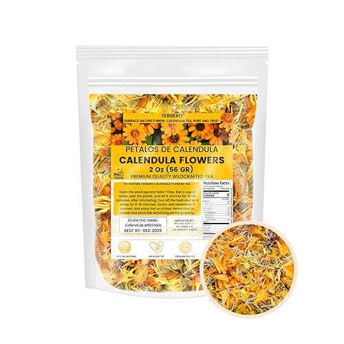 Yerbero Flores de caléndula - Té de hierbas sueltas de 2 onzas (1.98 oz)  Flores de caléndula  Flores de caléndula  Para preparar té, creaciones