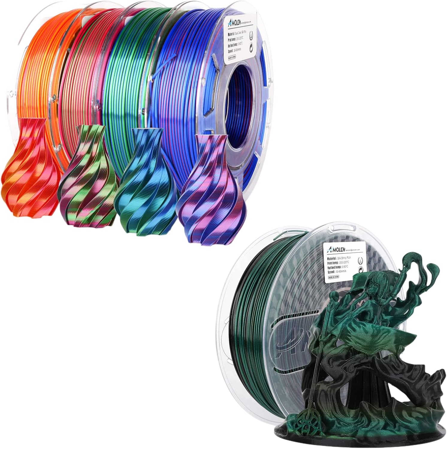 AMOLEN PLA 3D Printer Filament, PLA Filament 1.75mm,Silk Shiny Filament Bundle