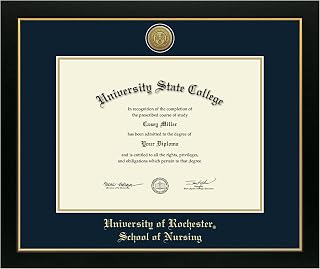 University of Rochester School of Nursing 16" w x 12" h Diploma Frame - Fits a phd - Gold Engraved Medallion Diploma Frame - Black Moulding with Navy and Gold Matting - Officially Licensed