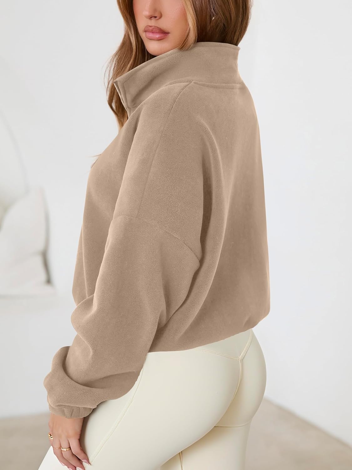 Womens Fleece Short Jacket Long Sleeve Full Zip Stand Collar Sherpa Crop Coat