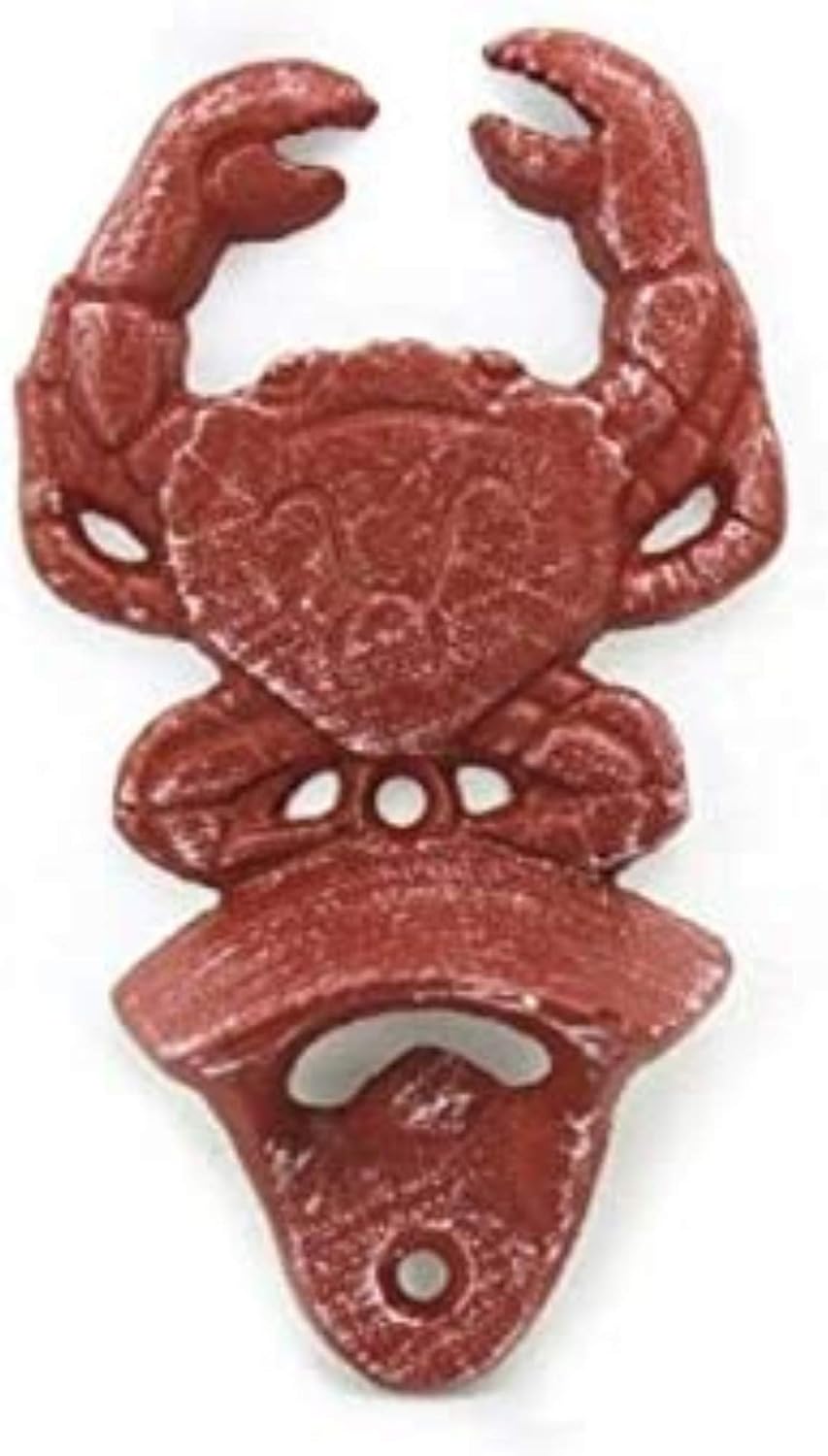 Hampton Nautical K-9112-ww-red Red Whitewashed Cast Iron Wall Mounted Crab Bottle Opener 6" - Vintage Cast Iron Decor - Sea Life Decor Bottle Opener, 6"