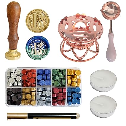 Alphabet Wax Seal Stamp Kit, Sealing Wax Warmer with 10 Colors 200pcs Sealing Wax Beads Kit, Wax Seal Spoon, Wax Seal Metallic Pen Wax Seal Kit for Gift and Decoration (Letter R)