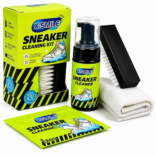 X-SMILE Sneaker Cleaning Kit Premium Foam Shoe Cleaner for White Shoes, PU & Synthetic Leather, Canvas, Mesh & Rubber Gentle, Non-Bleach Formula with Brush, Microfiber Towel & Cleaning Wipe 100ml
