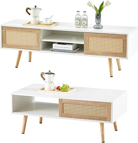 Soporte de TV bohemio para TV de más de 65 pulgadas, soporte de televisión de madera con puertas corredizas de ratán natural, centro de consola