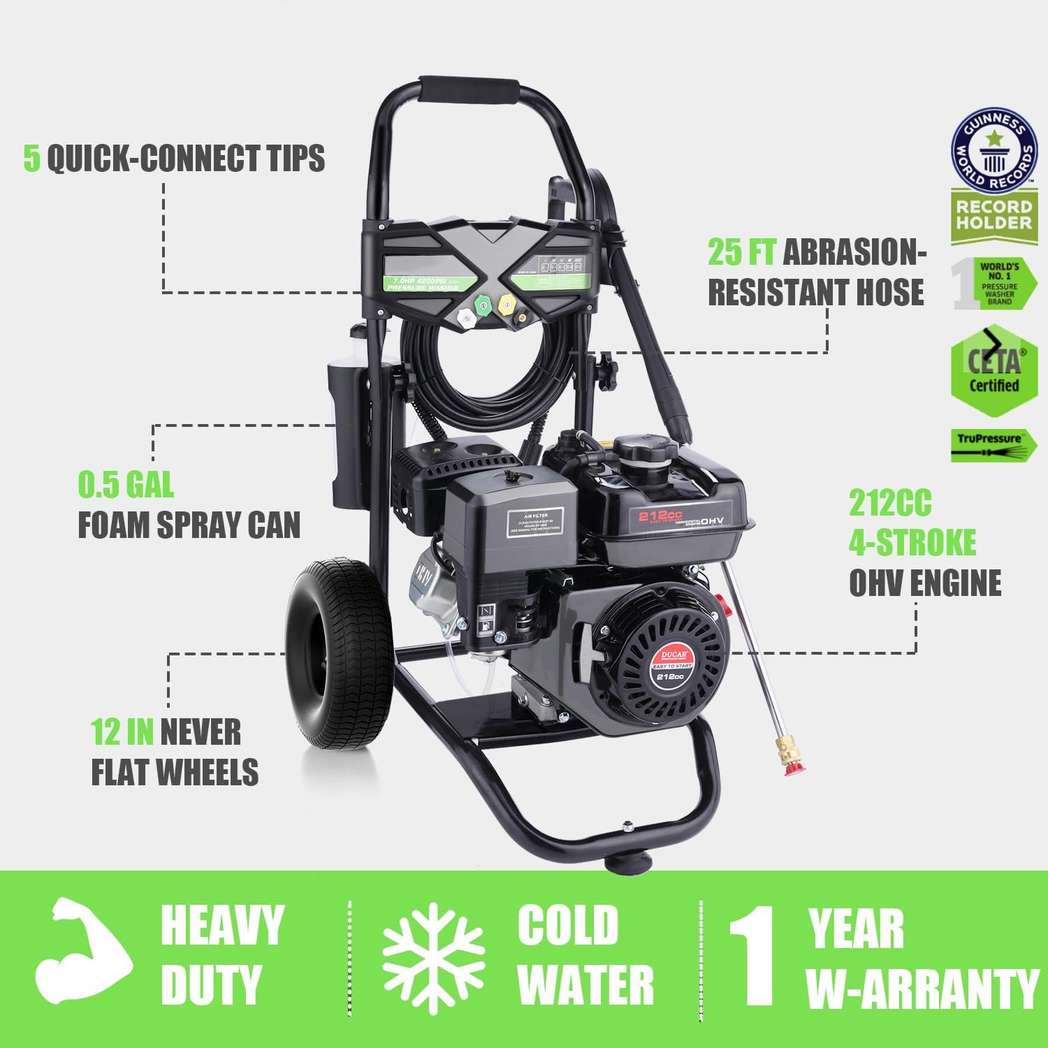 Gas Pressure Washer 4200PSI 4.0GPM Commercial Power Washer Gas Powered with 212CC Engine, 5 Tips, 25ft Hose, Soap Tank, Powerwashers for Home Cars, Black