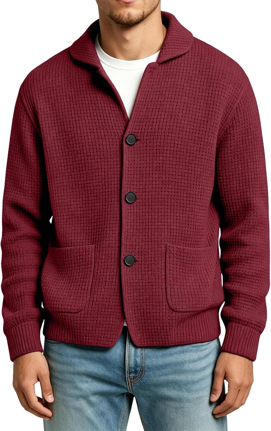 Mens Waffle Knit Cardigan Sweater Long Sleeve Button Down Loose Shirts Fall Winter Casual Comfy Jacket with Pocket