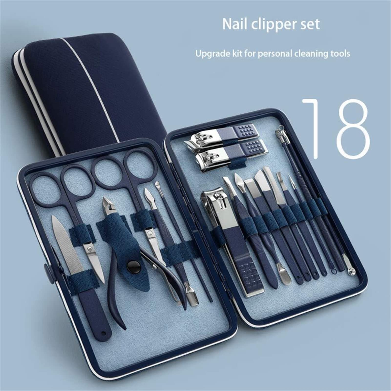 Nagelknipser-Set 1. 8 stücke Nagelclipper Set Pediküre Kit Edelstahl Professionelle Maniküre Set for Männer Frauen mit Blue Leder Reisekoffer Nagelknipser-Kit(12pcs)